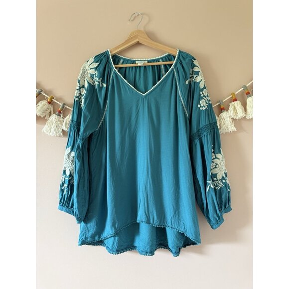 Sundance Teal Embroidered Floral Naomi Isles Top Boho Peasant Feminine Cottage S - Picture 1 of 9